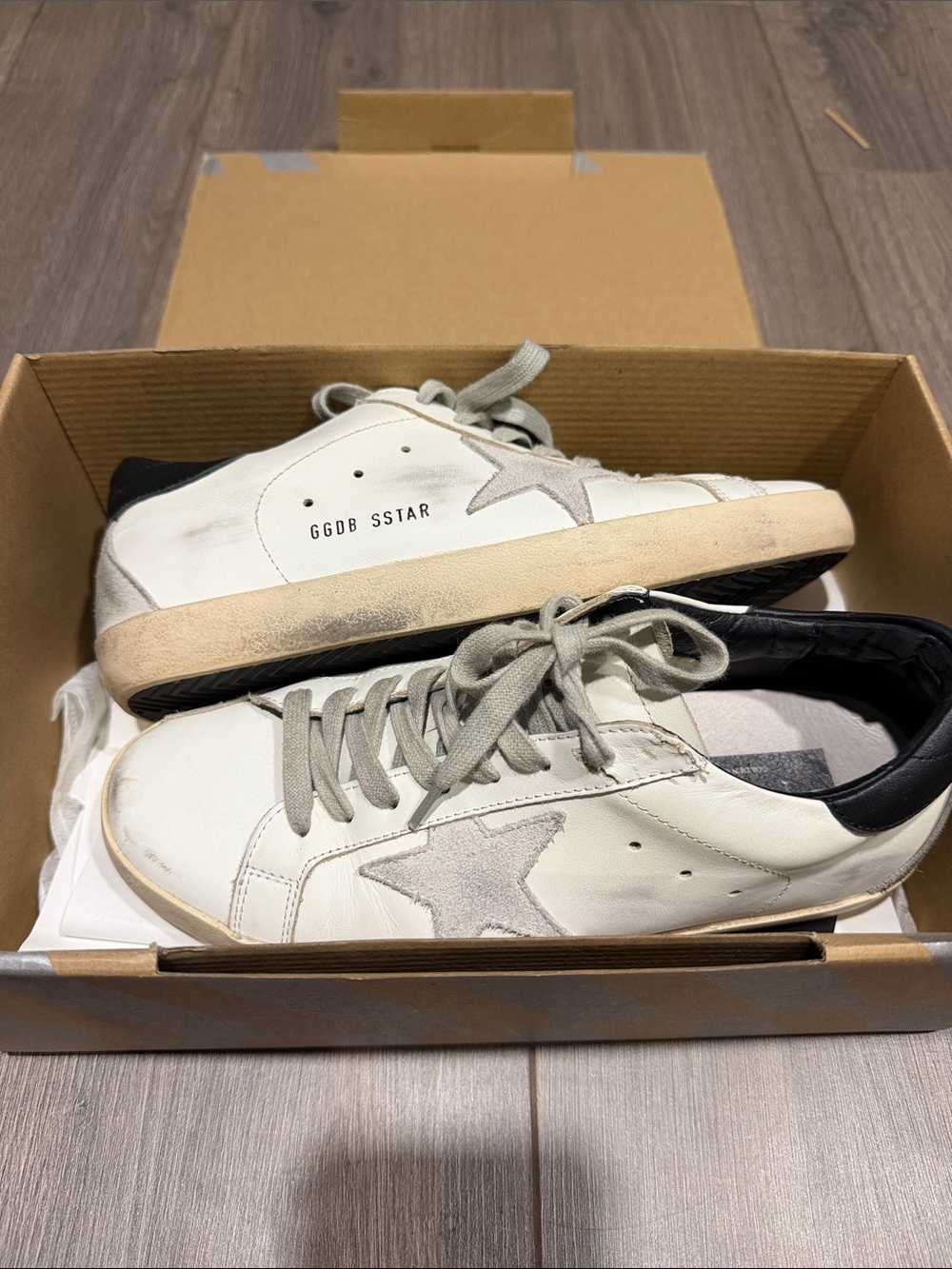 Golden Goose White Leather Sneakers with Gray Star and Black Heel Tab
